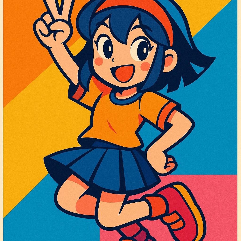 a girl with a headband, playful pose, vibrant anime-inspired style emoji
