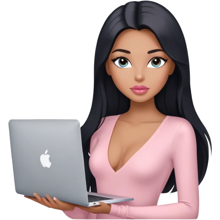 Glamours, tanned, very beautiful girl, with big pump peach-beige-rose lips, long lashes, black straight smooth silky long hair, straight parting hair, blue-grey eyes, in light-pink v-neck bodysuit holding MacBook emoji