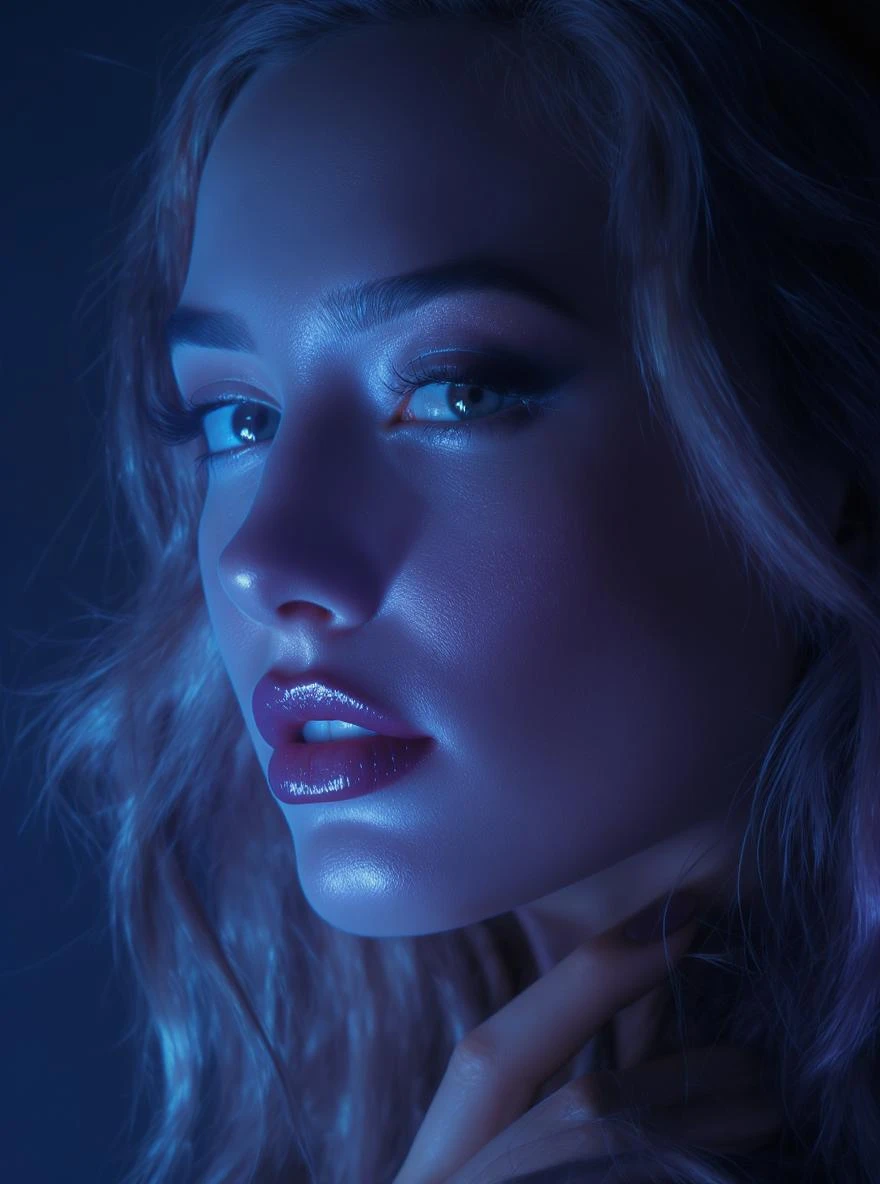 Extreme Closeup photo of a beautifull woman, cinematic light, Blue light ambient light, back light, 8K, very detailed, sharp emoji