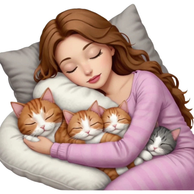 girl with long wavy brown hair, brown eyes, long lashes makeup, sexy pink lips, light to medium complexion,  sleeping on a cozy pillow, with 6 cats: 1 brown and white tabby cat, 1 ginger and white, 2 grey and white, 1 grey with white mittens and small white patch on chest and 1 calico, sleeping emoji