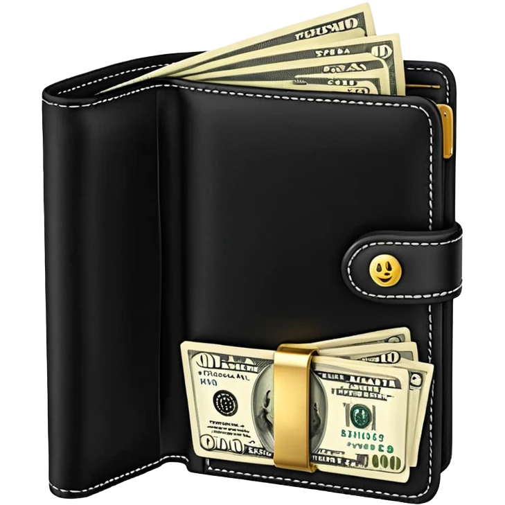 Rich emoji style black leather wallet with dollar bills, luxury money vibe, premium 3D emoji, ultra clean, high detail, no background
 emoji