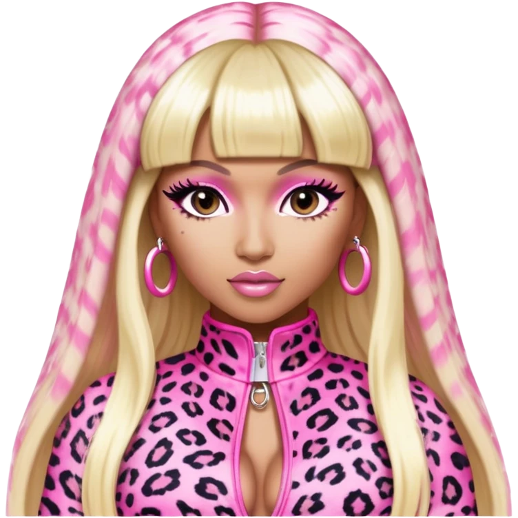 Nicki Minaj in pink and white leopard print outfit from Super Bass music video with bangs and split-dyed hair blonde on left side pink on right side emoji