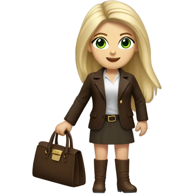 Realistic White woman with Long straight blonde hair and green eyes, dark Brown oversize leather blazer, mini skirt and Brown heeled leather boots, holding handbag emoji