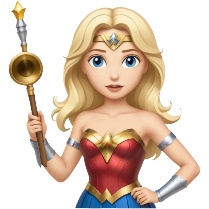 Blonde blue eyed Wonder Woman holding white orchestra conductor’s baton and bell  emoji