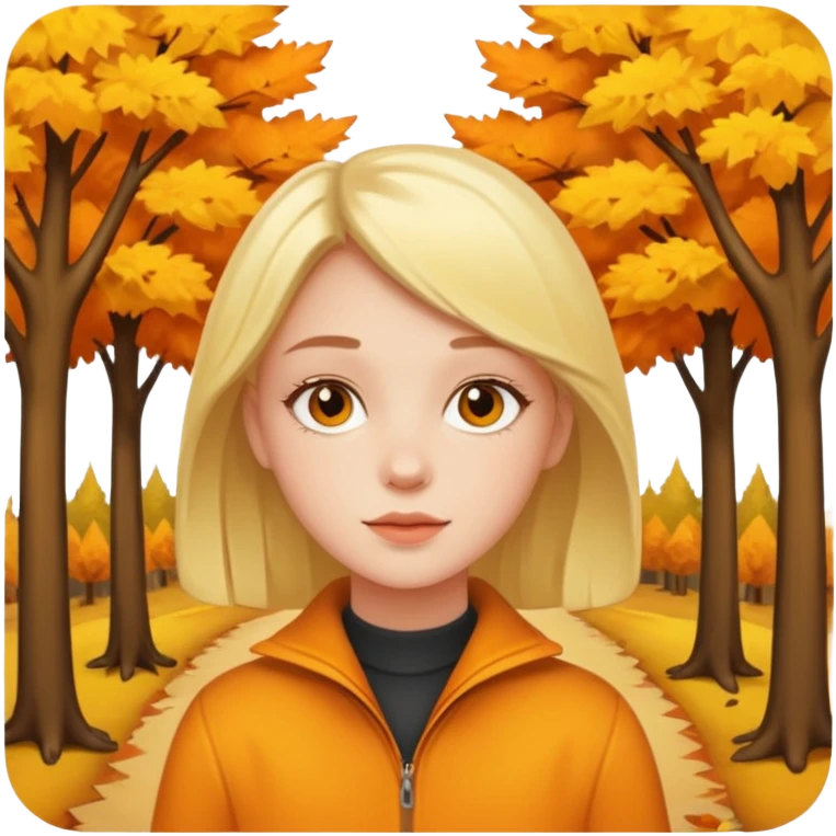 Girl in a forest in autumn with orange and yellow trees emoji