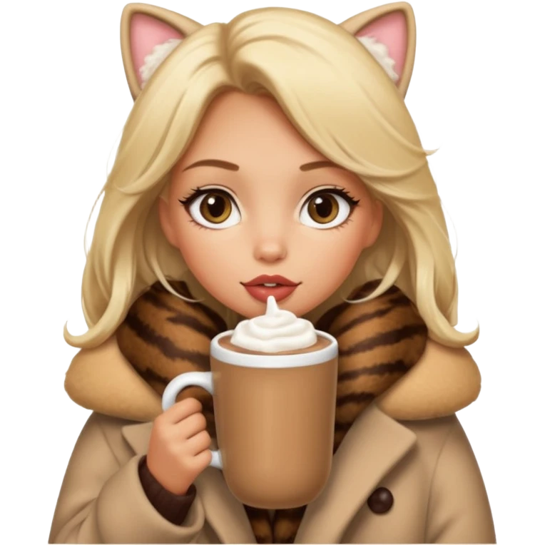 Tanned Girl with lashes , blonde hair, in an extremely big fluffy oversized coat and hold hot chocolate drink and big cat eyes, big lip emoji