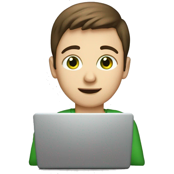 caucassian young man with short brown hair and green eyes working on laptop emoji