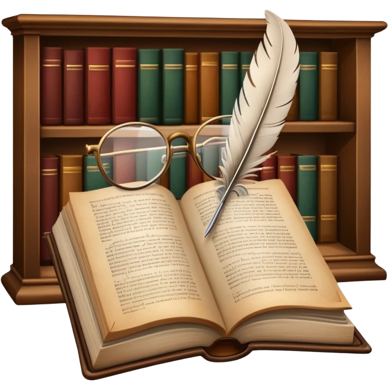An icon featuring an open book with classic text, a feather quill, and reading glasses, symbolizing literary studies. The design includes old library shelves and vintage manuscripts in the background. Transparent background emphasizes the deep analysis of written works and literary history. emoji