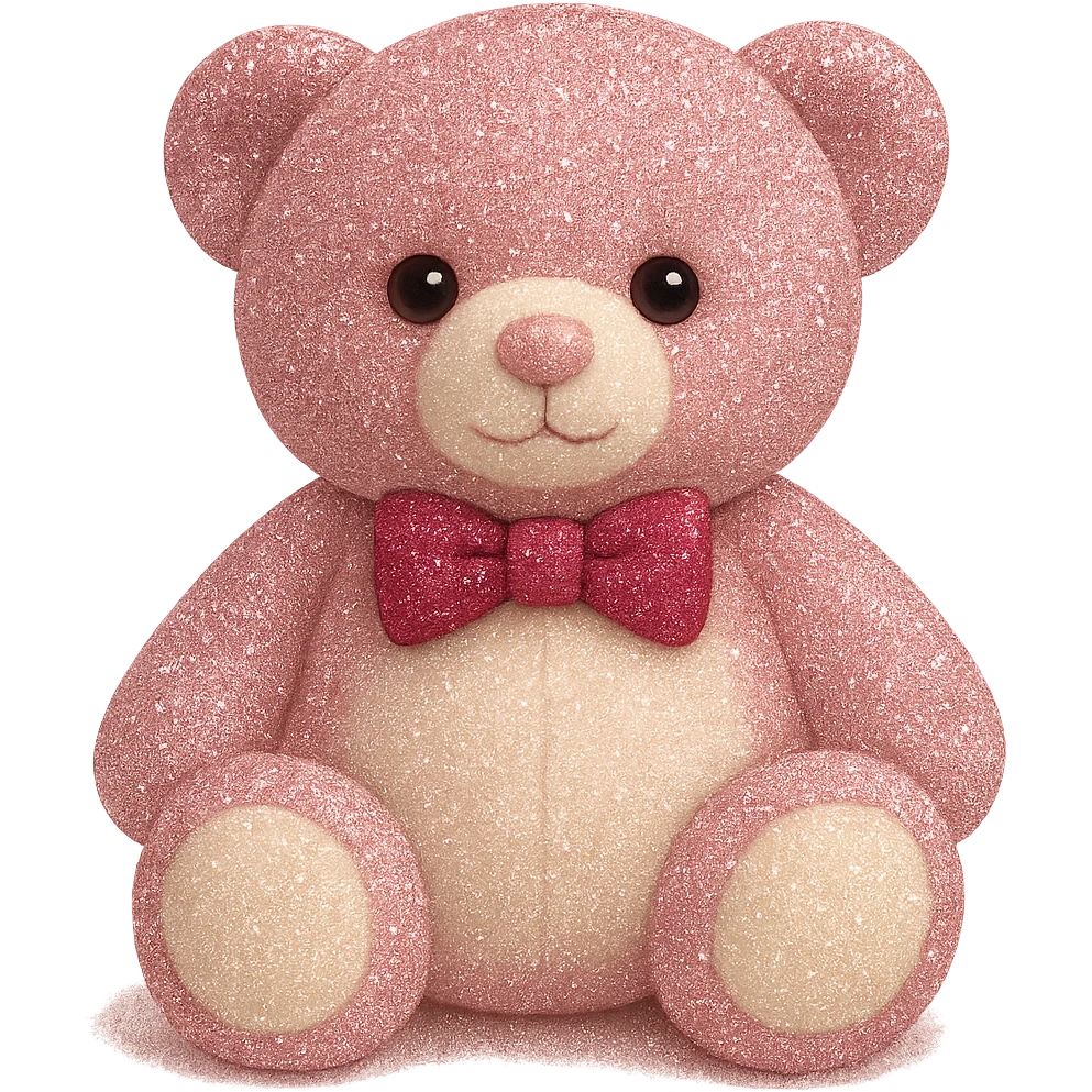 Add a touch of glitter to the teddy bear and its bow tie, keeping the pink and white fur, flat lighting, no shadows or background, soft plush look, maintain transparency. The style should reflect a soft plush teddy bear with pink and white fur and a glittery bow tie, with flat lighting and no shadows or background. emoji