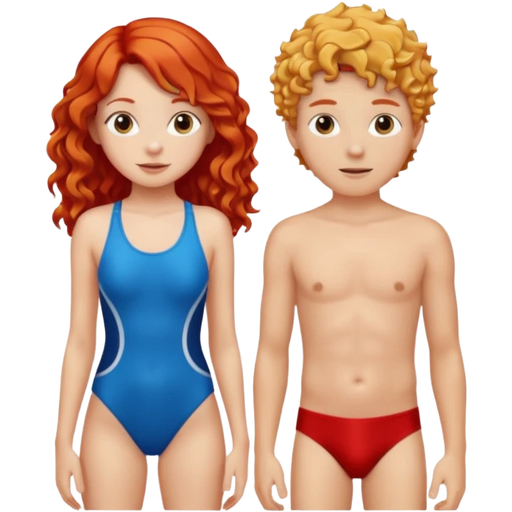 Long Straight Red hair Girl and curly blonde boy in swimsuit emoji