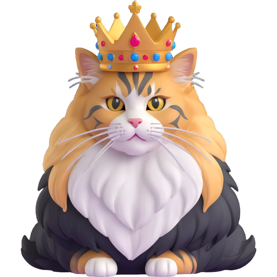 majestic calico maine coon cat with fluffy mane wearing a royal crown emoji