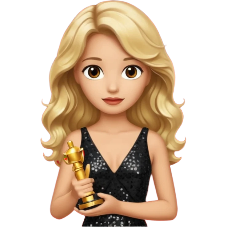 blonde model, brown eyes, long wavy hair, oscars red carpet, black sequin, holding oscar emoji