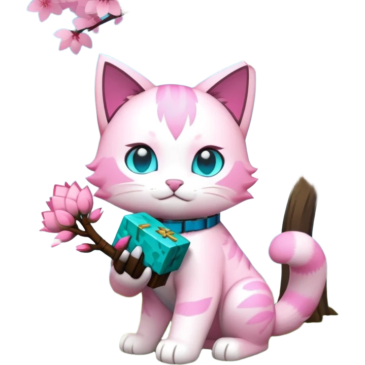 Cyan cat hold TNT from the game Minecraft standing under the sakura tree  emoji