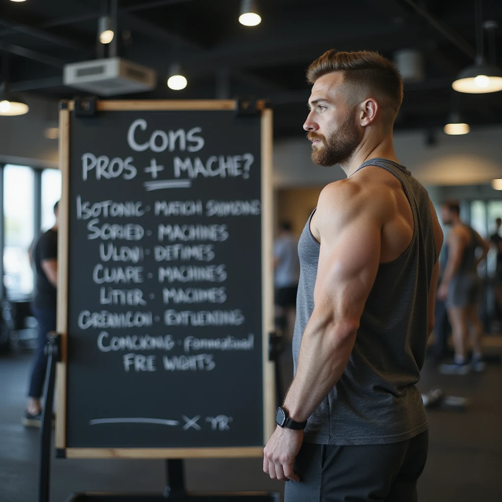 man in modern gym with puzzled expression, observing a blackboard with pros and cons list between isotonic machines and free weights, wearing sportswear, atmosphere of choice, realistic details, 4K quality emoji