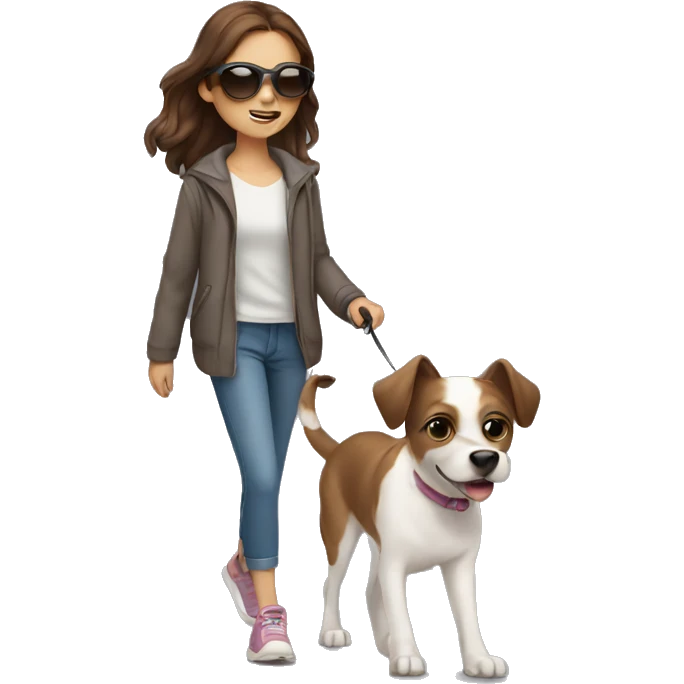 girl with brown hair with sunglasses taking her cute dog for a walk emoji