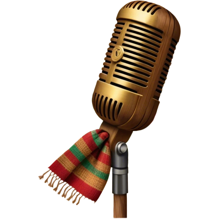 Create a traditional and warm emoji representing folk singing, using a humanless collage. The design should feature a rustic wooden microphone or an old-fashioned folk instrument like a balalaika, gusli, or a domra, placed alongside traditional elements such as a hand-woven scarf or a wooden flute. Include natural, earthy details like wildflowers, musical notes, and rustic textures, evoking the feeling of folk music in its purest form. Use warm, earthy colors like brown, gold, red, and green to create a cozy and organic vibe. The background should be transparent. emoji