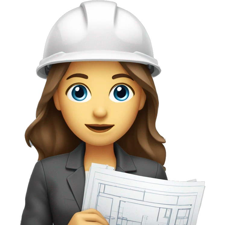 woman profession architect holding blueprints. She has beautiful blue eyes. She has brown hair emoji