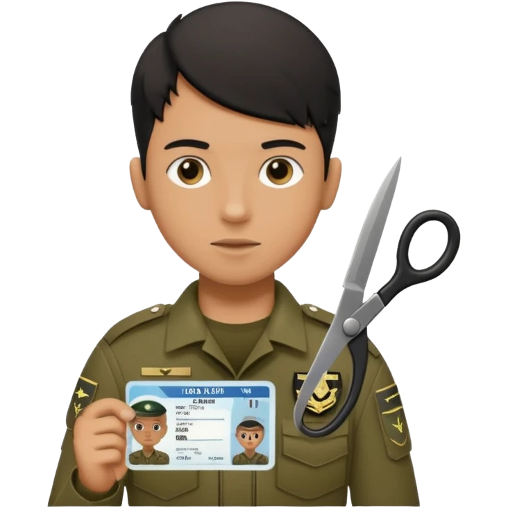 Floating black Scissors cutting in half an idf soldier ID card with a little chip in 2 parts emoji