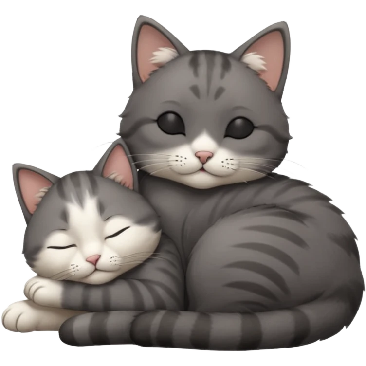 dark grey and white small cat with closed eyes, leaning his head on his paw while leaning on his elbow lying down emoji