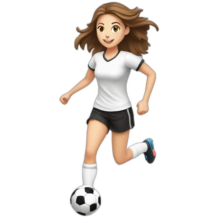 Caucasian girl with brown long hair running with a soccer ball wearing White short and black shorts emoji