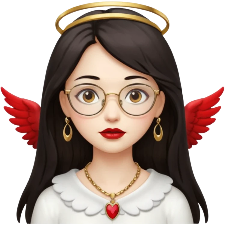 Angel girl with eyeglasses and long dark hair with red lipstick  and push gold necklaces and dark eyes with withe wings emoji