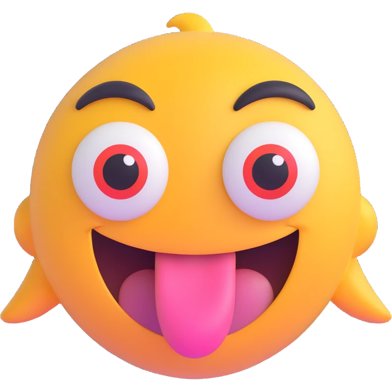 Make the expression even wilder with bigger eyes, more exaggerated grin, tongue out, playful and chaotic, front facing, transparent background in 3D emoji style. emoji