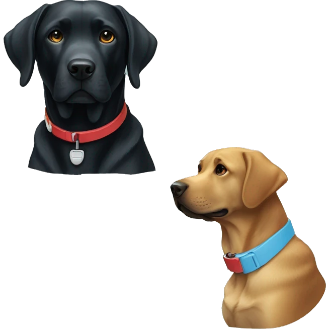 black-coloured labrador on the left with red collar, black-coloured labrador on the right with light blue collar. emoji