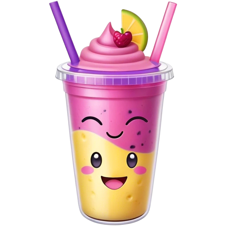 Cute Kawaii Smoothie Cup, filled with blended fruity goodness, a smiling face with excited eyes, bright colorful layers of pink, yellow, and purple, topped with a straw and tiny fruit slices! emoji