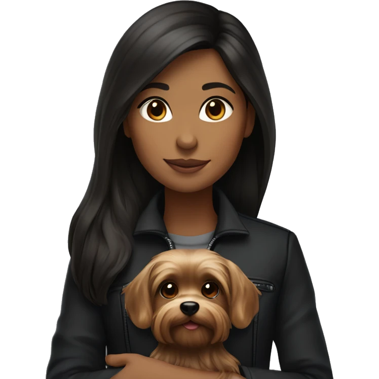 a slightly dark-skinned brunette girl with long hair in a black jacket, in her arms she holds a Yorkshire terrier puppy emoji