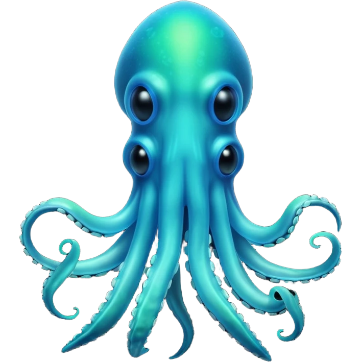 3D render of Deep Sea Squid, bioluminescent deep sea style, glowing neon blue and green lights, dark background to contrast the glow, translucent organic textures. emoji