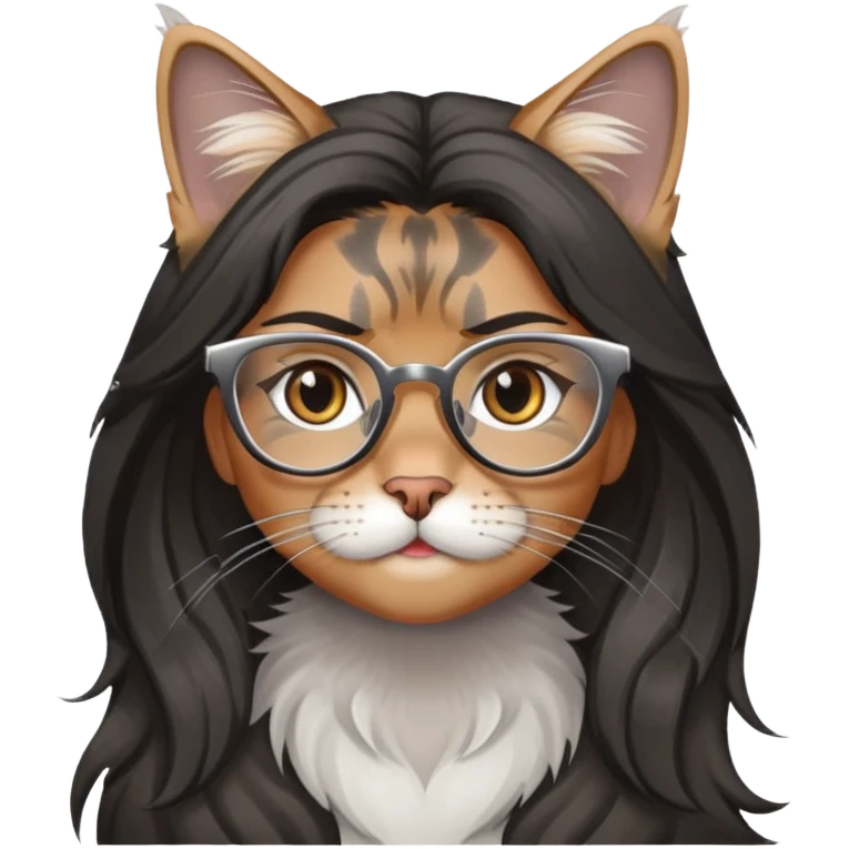 a silver based Maine Coon cat and a black hair glasses girl emoji