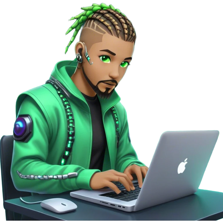 Light skinned African American male with green eyes as a cyberpunk hacker with cornrows hairstyle but short cornrows  with goatee facial hair  coding on laptop  emoji