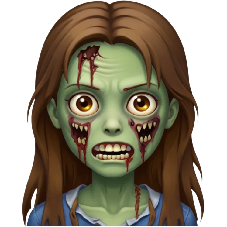 Girl zombie with brown long hair with teeth and serious face IOS style emoji