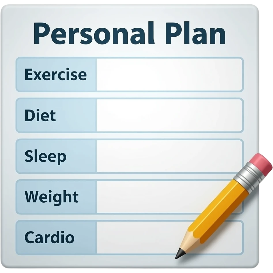 A gym workout plan, with a pencil in the corner and titled "Personal Plan," should clearly state the following: exercise diet sleep weight cardio emoji