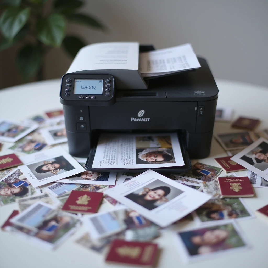 realistic thumbnail image for a passport photo printing service, showing a modern printer with numerous printed passport photos scattered around it, focus on the abundance of photos emoji