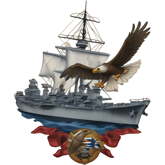 A traditional American tattoo of an flying eagle with a world war 2 battleship  emoji
