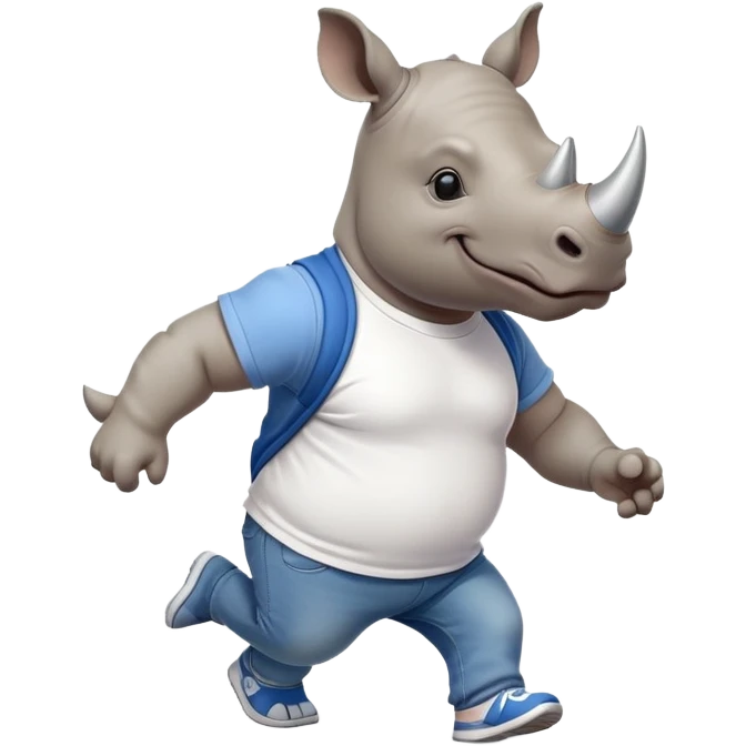 friendly anthropomorphised rhino in jeans and t-shirt, wearing dark sunglasses, jogging upright, standard pose emoji