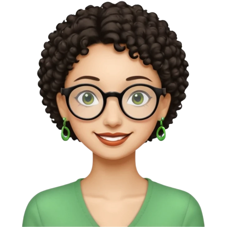 Very slim woman, light skin, short dark curly hair, black round glasses, green earrings, thin build, warm smiling face. Cartoon style. emoji