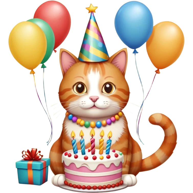 Ginger cat celebrates birthday, birthday hat, birthday cake, balloons, happy, gifts emoji
