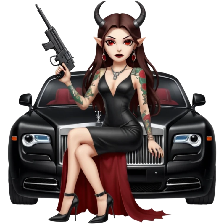 Lilith model red eye sexy black  devil horns.  long brown haired sexy succubus woman with leather long dress slit, sitting on rolls Royce. Wearing Black Platform high heels on feet. Tattoo sleeve arms, she has stacks of cash and a man dead human skull is on top of stack of cash and a gun in  hand emoji