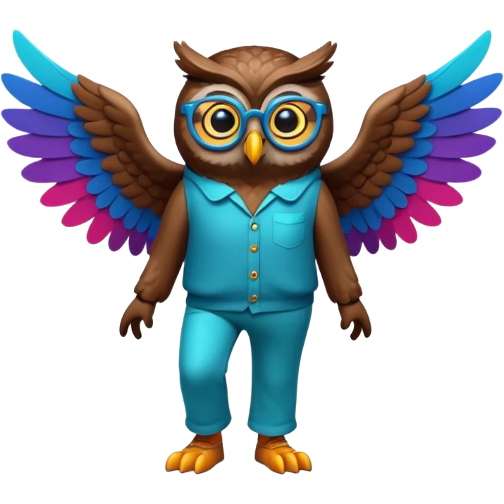 friendly anthropomorphised night owl with wings instead of arms, colourful pants and shirt, wearing glasses, walking upright, night owl features and colours, unique pose 1 emoji