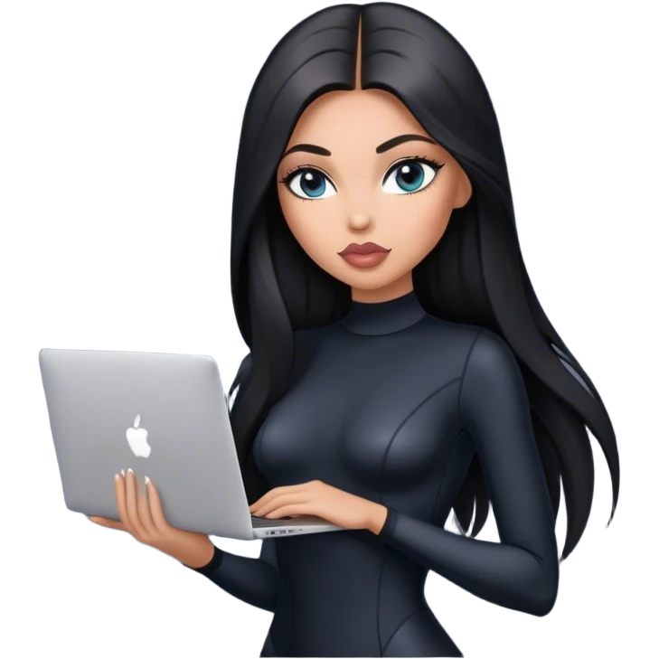 Glamours, tanned, very beautiful girl, with big pump peach-beige-rose lips, black straight smooth silky long hair, straight parting, blue-grey eyes, in black bodysuit holding MacBook emoji