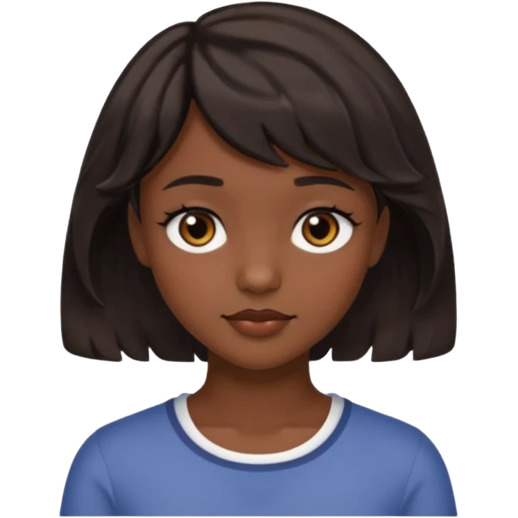 A pretty girl with dark brown eyes and short wavy dark hair with short side bangs and a neutral expression emoji emoji
