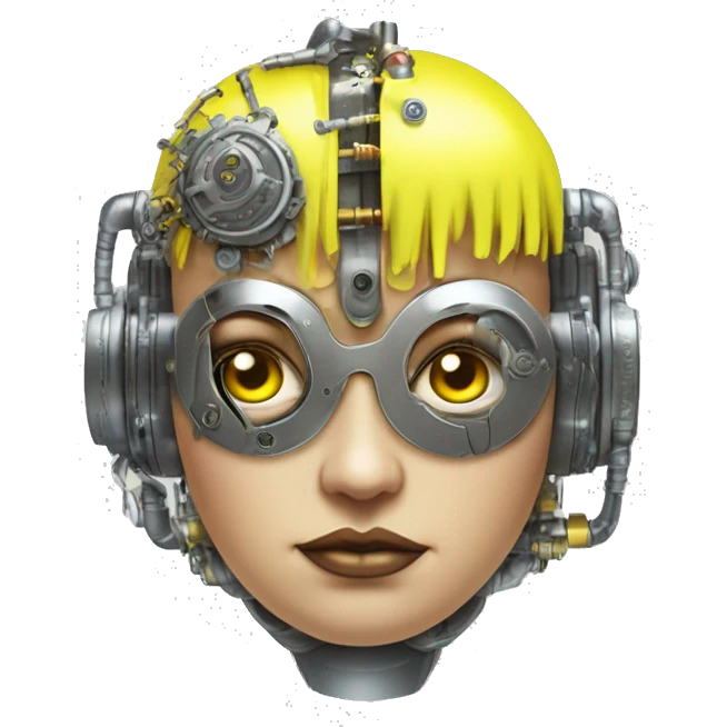 Fat faced Caucasian female cyborg head with Neon yellow bobbed hair, silver steampunk goggles and circuits emoji