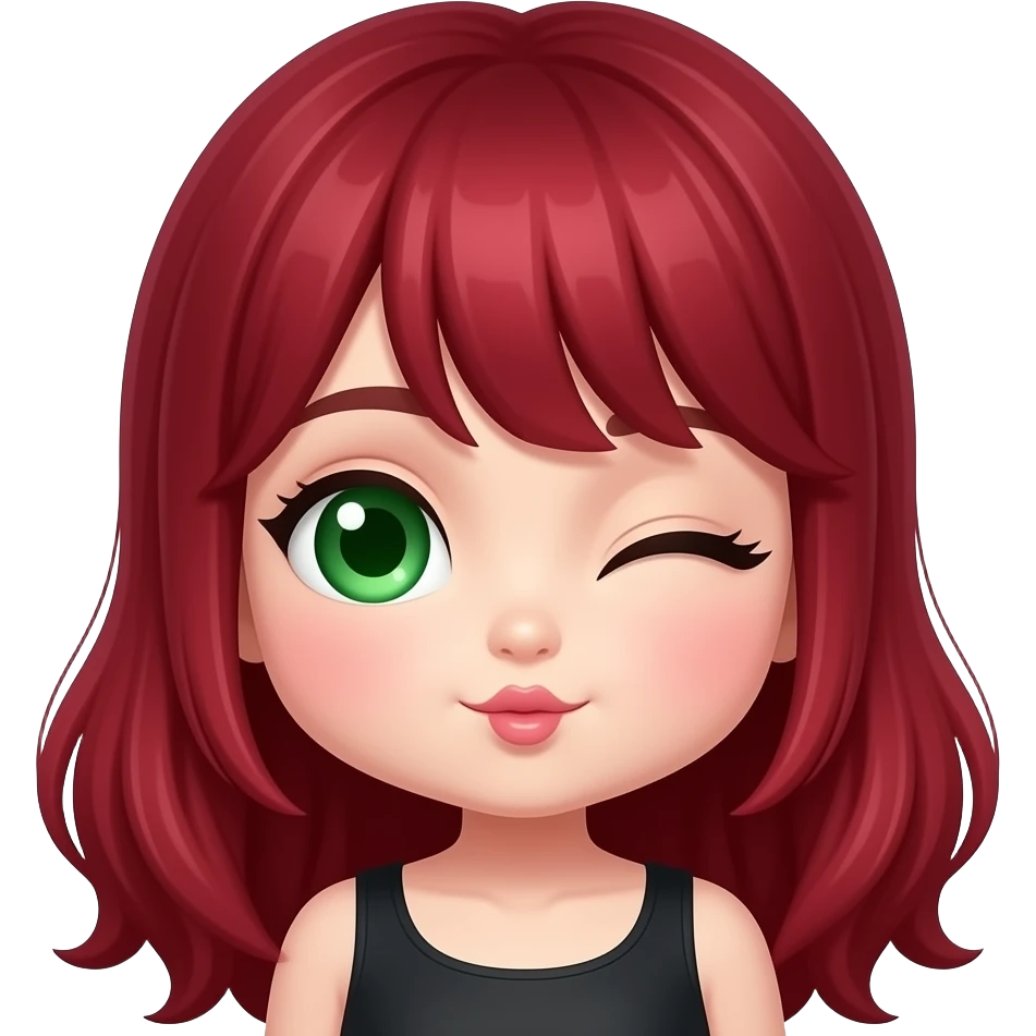 A chibi girl with ruby red hair. Green eyes. Winking and blowing kisses emoji