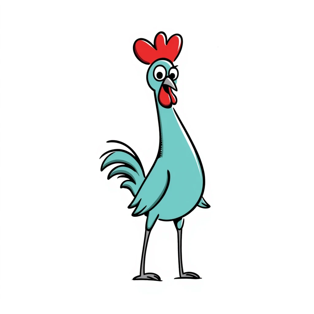 A silly cross-eyed rooster chicken with bright blue-green feathers, red comb, long neck, skinny legs, and confused expression emoji