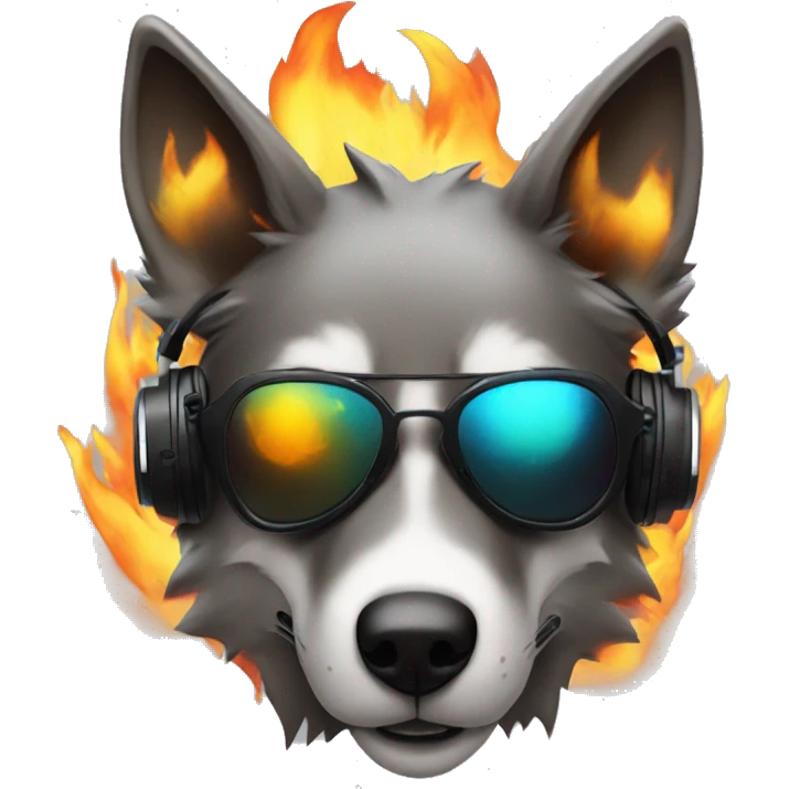 A beautiful cyberpunk Wolf on fire around wearing sunglass and headphones emoji