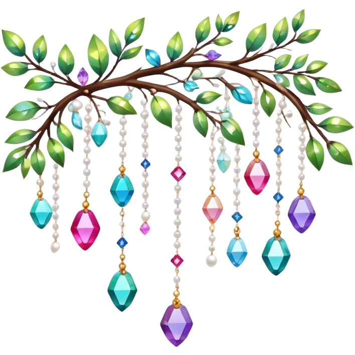 Exotic colorful romantic Few cute tiny Iridescent glistening glossy sparkly shiny glittery hanging crystals pearls and beads and gemstones scenery scenic decorations with branches and flowers emoji