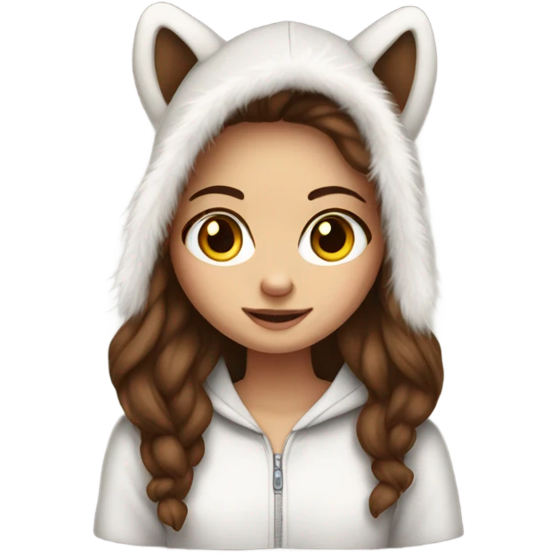 White skinned girl with long brown hair and fur hoodie emoji