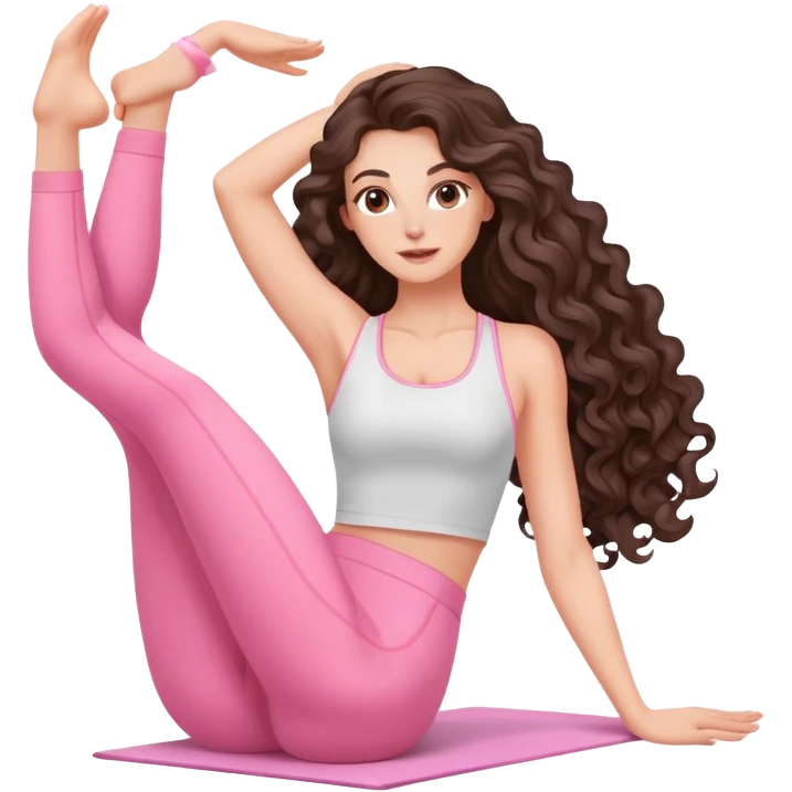 beautiful brunette with a light balayage white girl with nice defined and long curls , very long hair, clean girl makeup STRETCHING IN LIGHT PINK GYM emoji